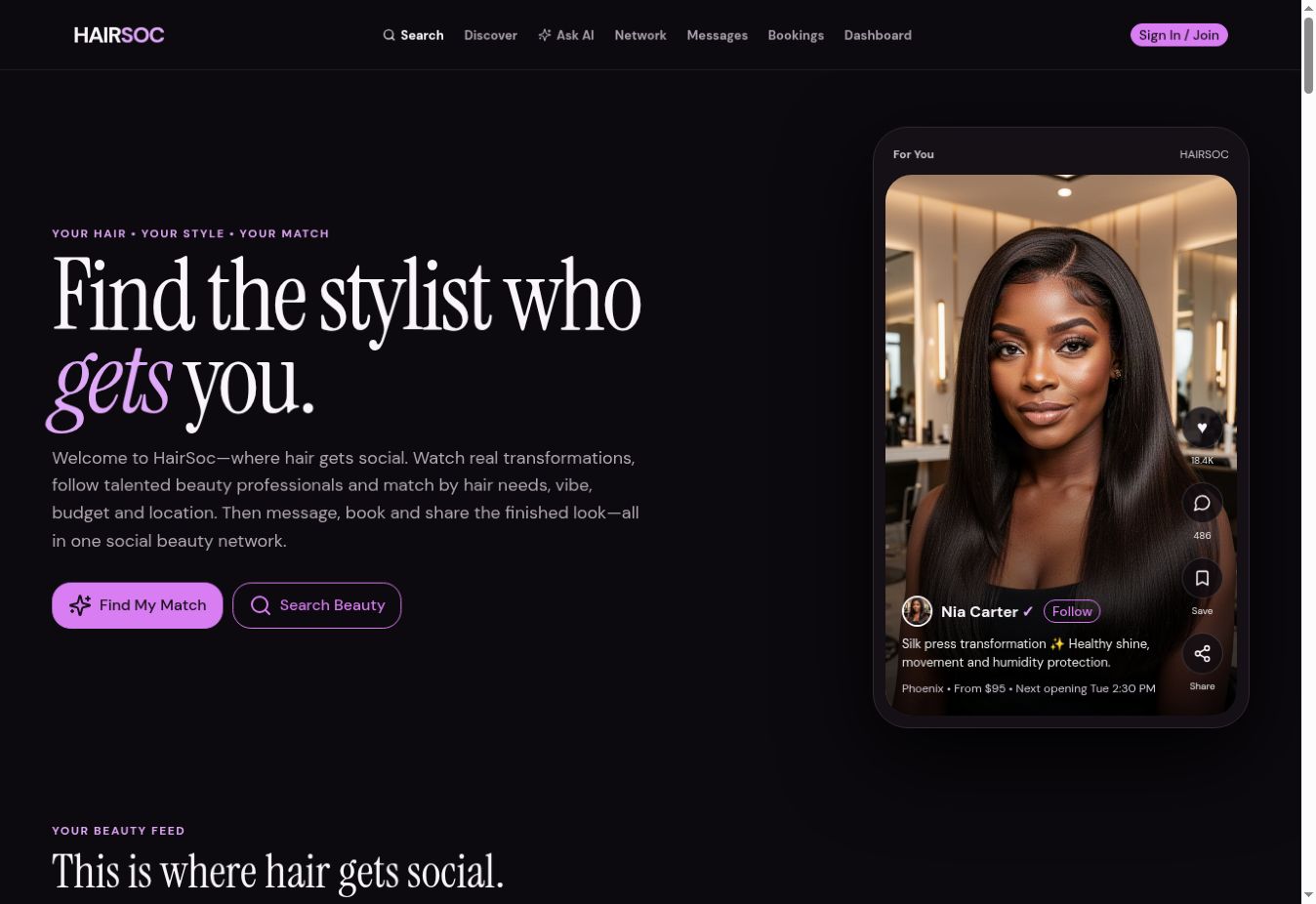 HairSoc social beauty interface — captured product preview