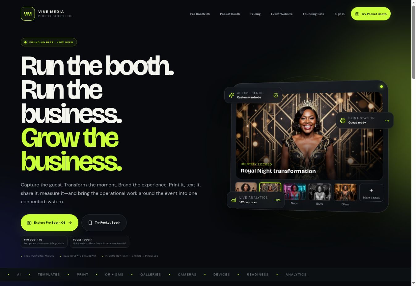 Vine Media Photo Booth OS working product front screen — captured product preview