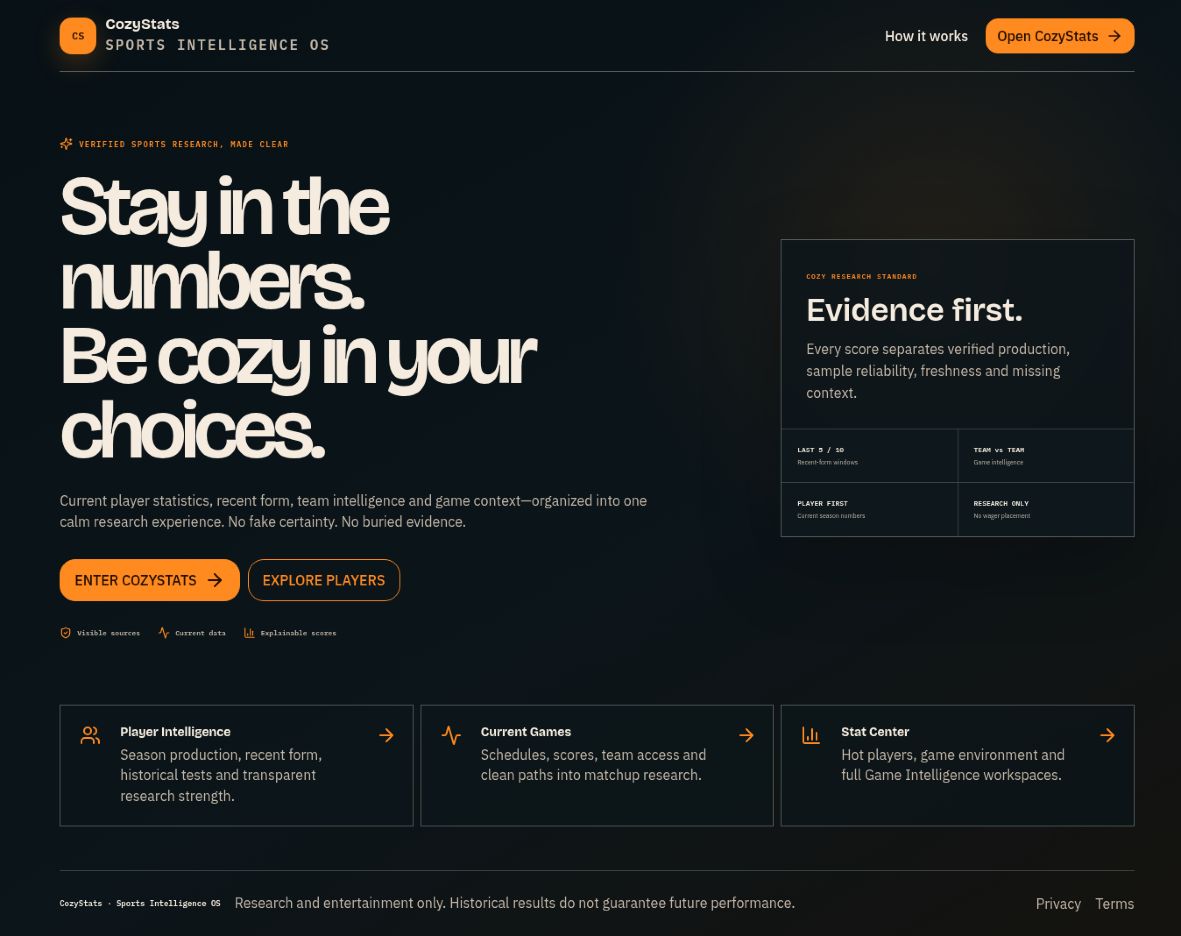 CozyStats sports intelligence interface — captured product preview