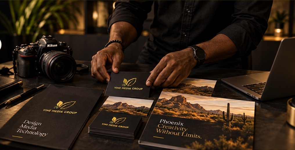 Vine Media Group creative studio with camera and branded materials