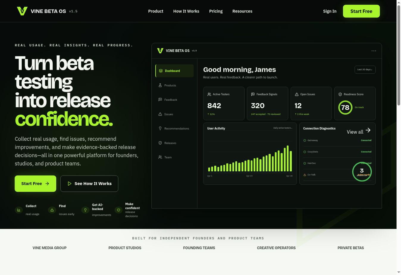 Vine Beta working product front screen — captured product preview