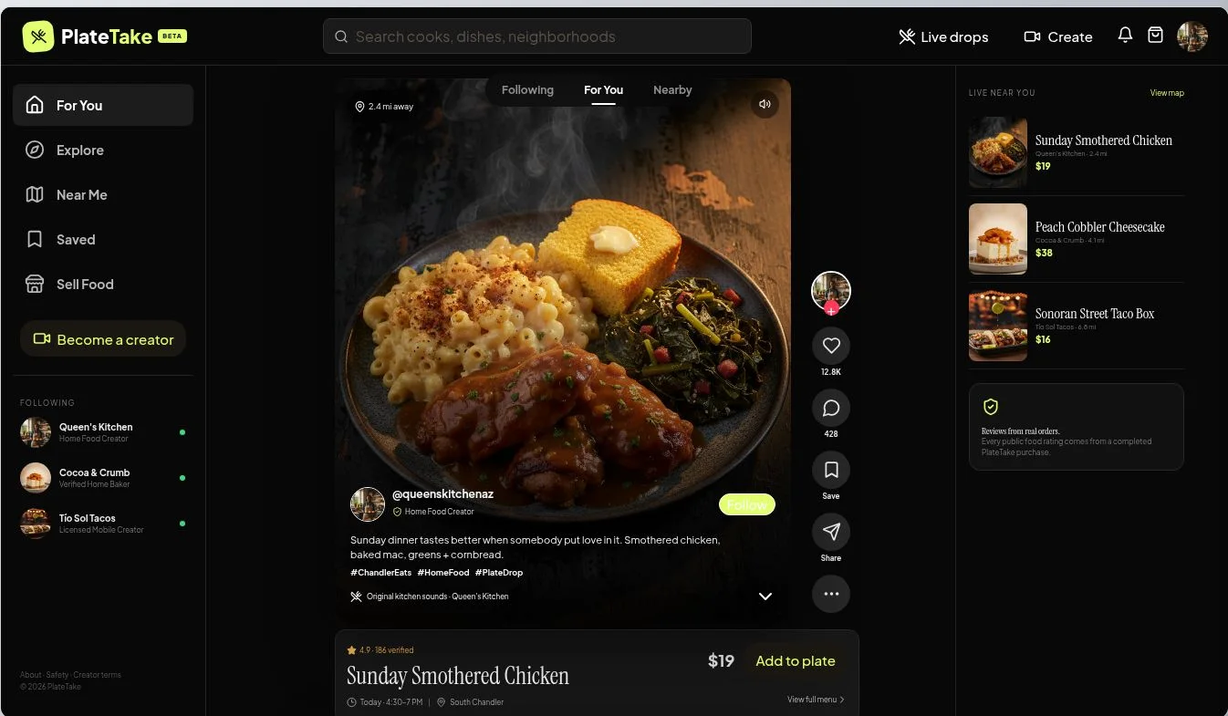 PlateTake local food marketplace interface