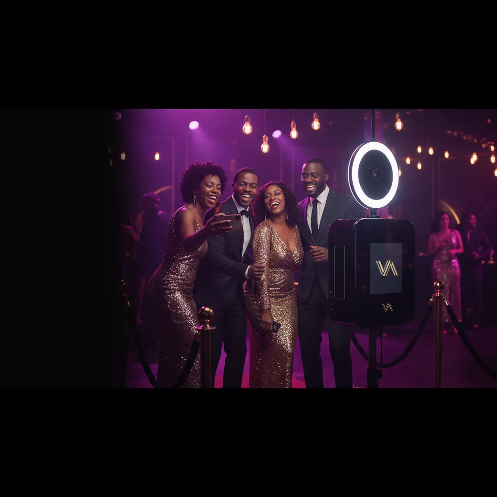Guests posing beside a premium VM Photobooths kiosk