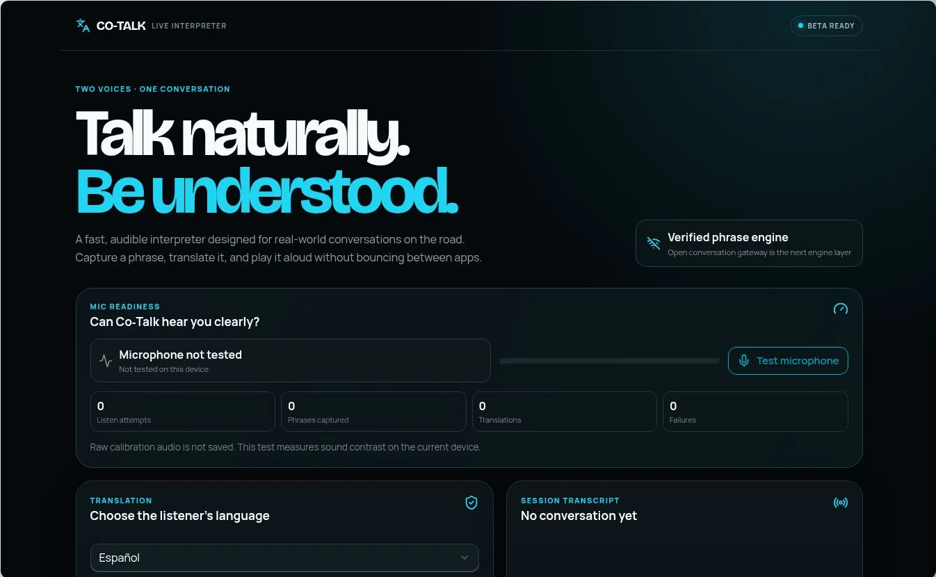 Co-Talk actual application front screen
